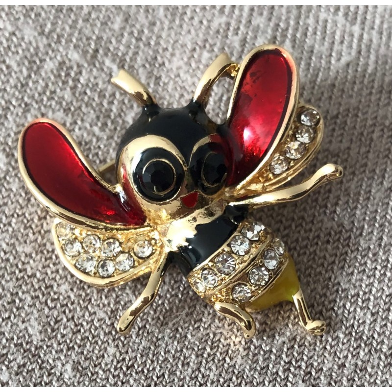 Broche Vintage Dorée Avec Strass Et émail Noir - 5.5 X 4.5 Cm, Numérotée A2355, Superbe état